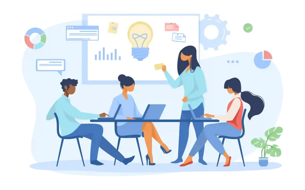 About us image where 3 persons are sitting or one person is explaining some thing