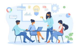 About us image where 3 persons are sitting or one person is explaining some thing