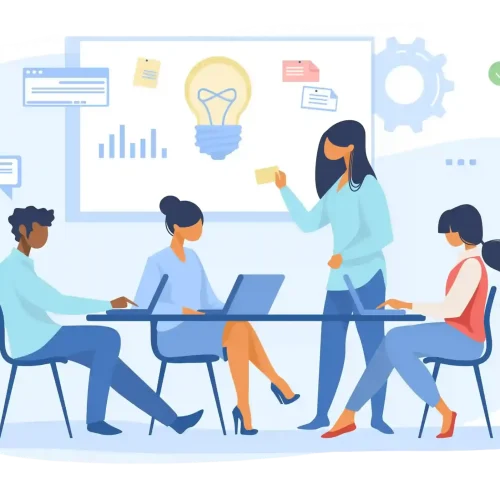 About us image where 3 persons are sitting or one person is explaining some thing